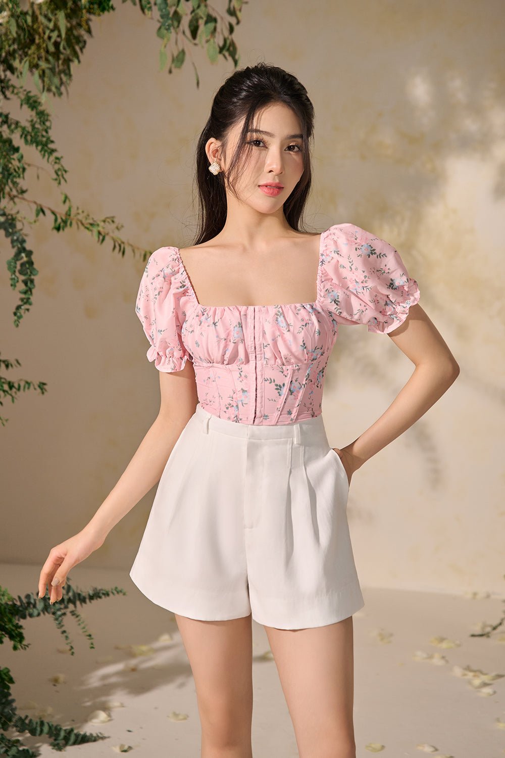 Francoise Puffy Sleeves Top in Light Pink Floral