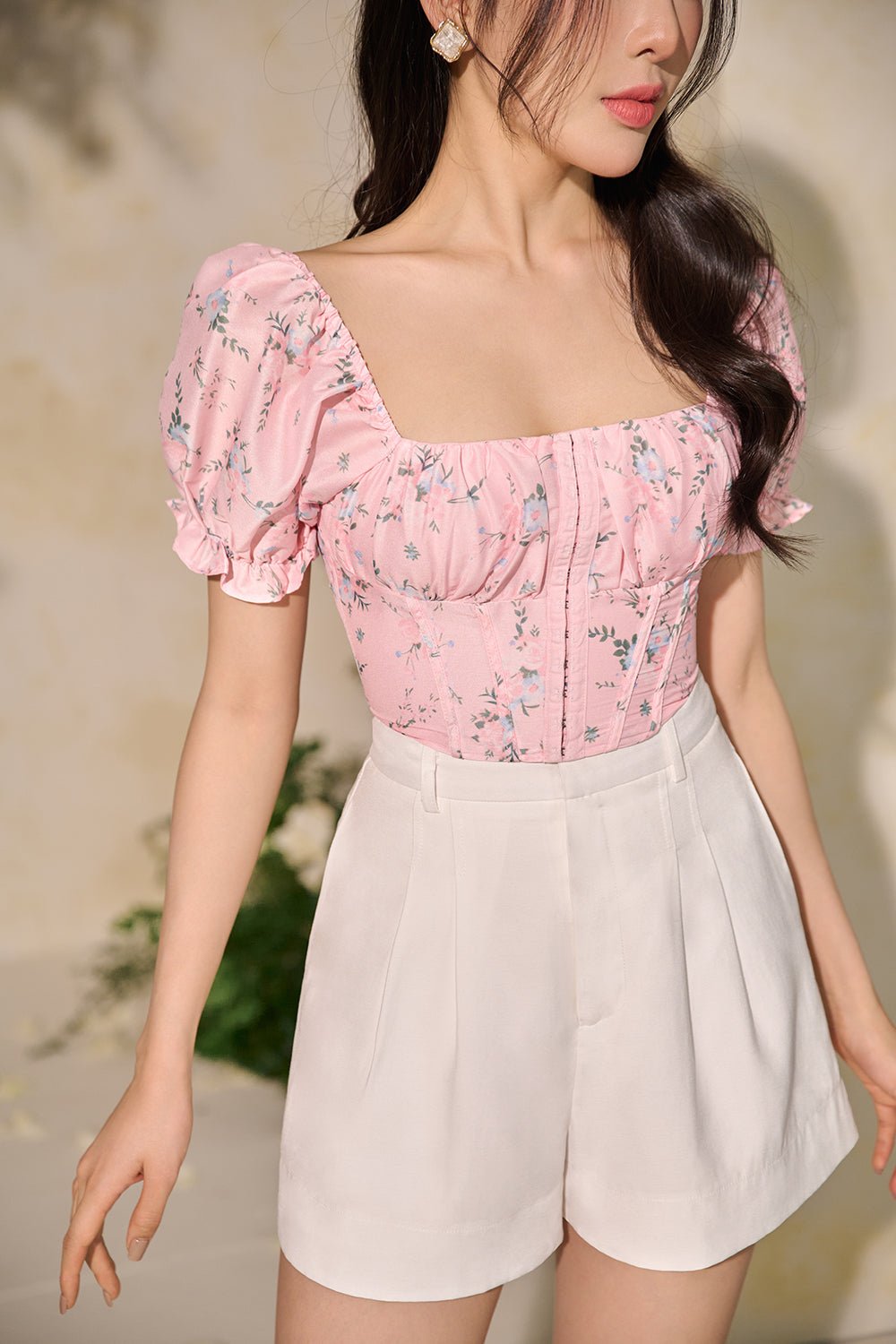 Francoise Puffy Sleeves Top in Light Pink Floral