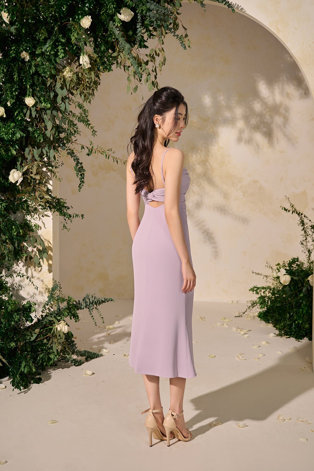 Keren Pleated Twist Back Padded Dress in Romantic Lavender