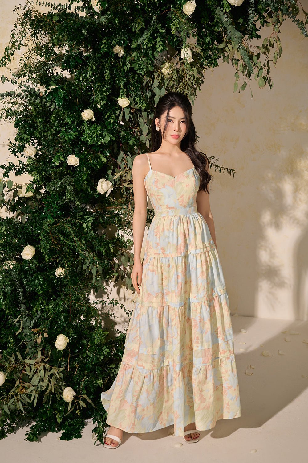 Lilou Sweetheart Neckline Tiered Maxi Dress in Tangerine