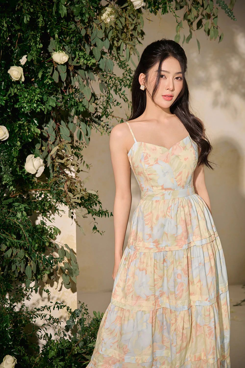 Lilou Sweetheart Neckline Tiered Maxi Dress in Orange/Yellow Abstract Floral