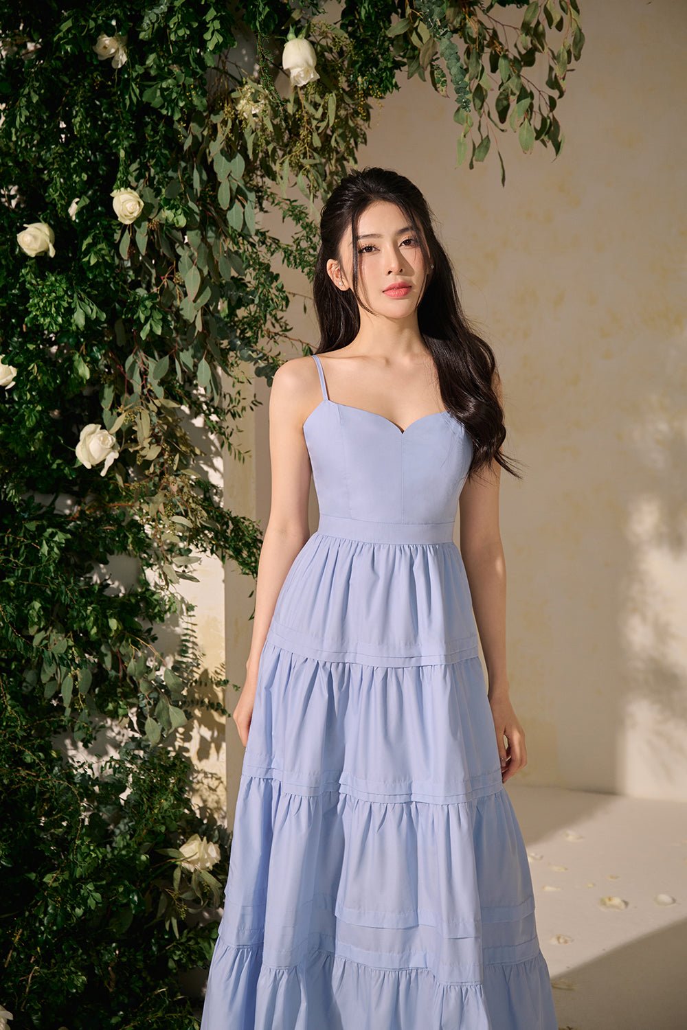 Lilou Sweetheart Neckline Tiered Maxi Dress in Sky Blue