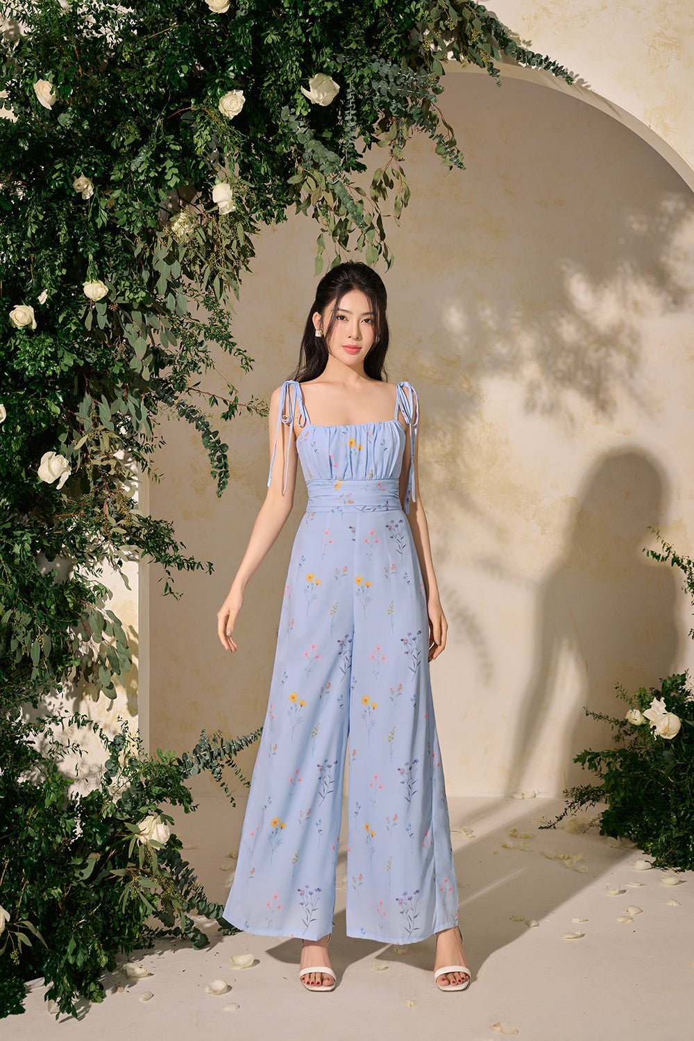 Margaux Ruched Ribbon Floral Jumpsuit in Cornflower Blue