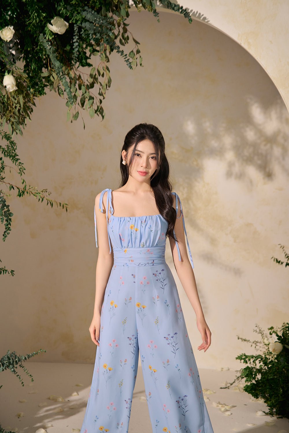 Margaux Ruched Ribbon Floral Jumpsuit in Cornflower Blue