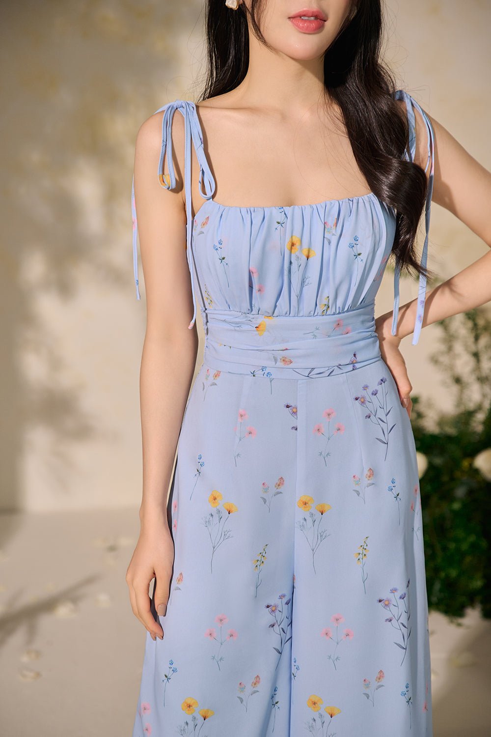 Margaux Ruched Ribbon Floral Jumpsuit in Cornflower Blue