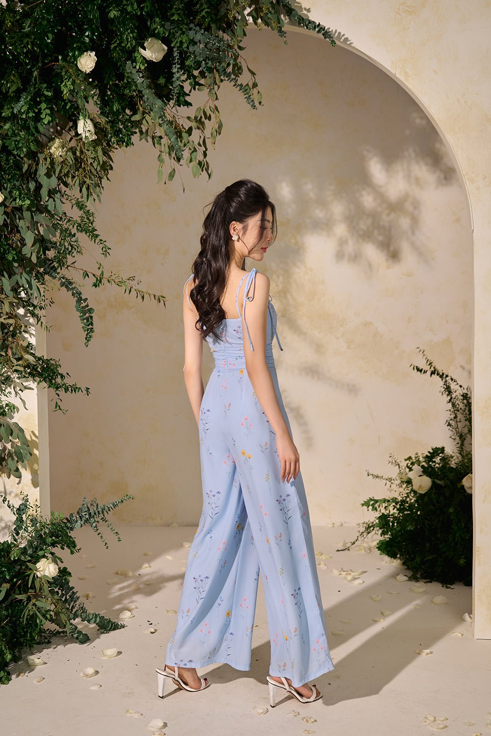 Margaux Ruched Ribbon Floral Jumpsuit in Cornflower Blue