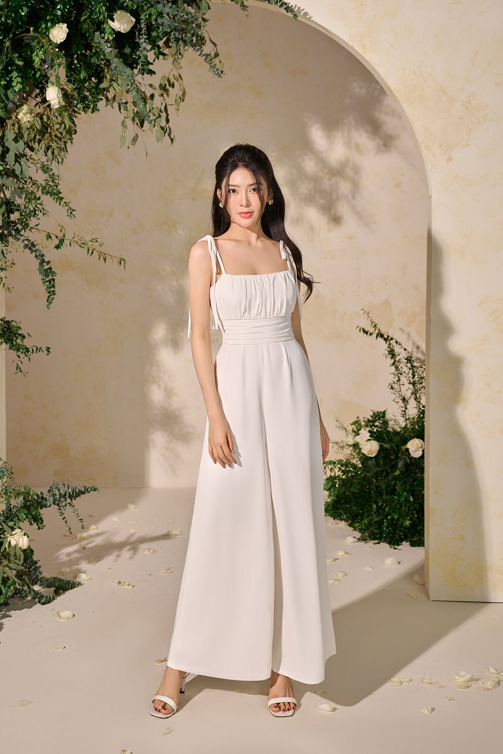 Margaux Ruched Ribbon Floral Jumpsuit in Iconic White