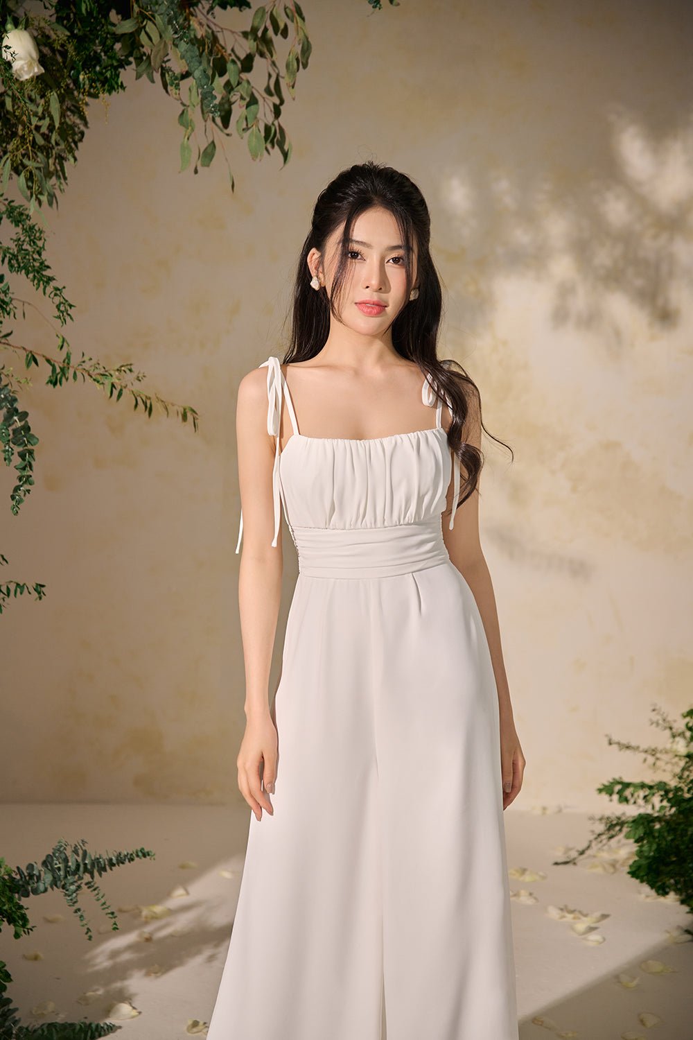 Margaux Ruched Ribbon Floral Jumpsuit in Iconic White