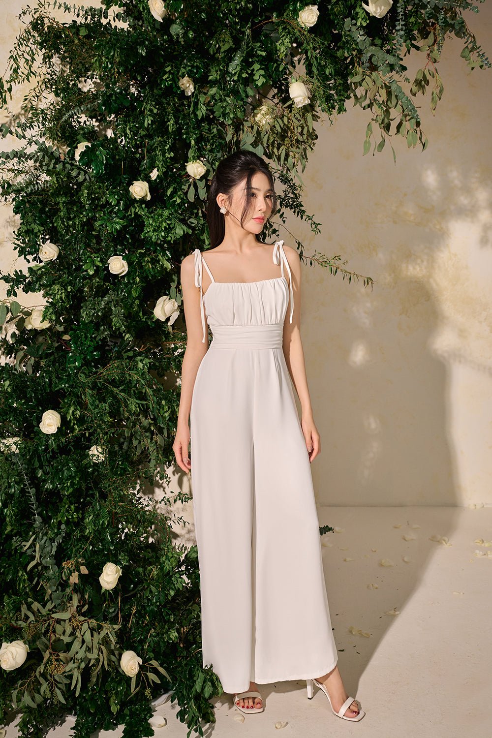 Margaux Ruched Ribbon Floral Jumpsuit in Iconic White