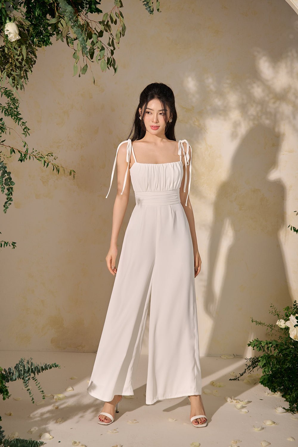 Margaux Ruched Ribbon Floral Jumpsuit in Iconic White