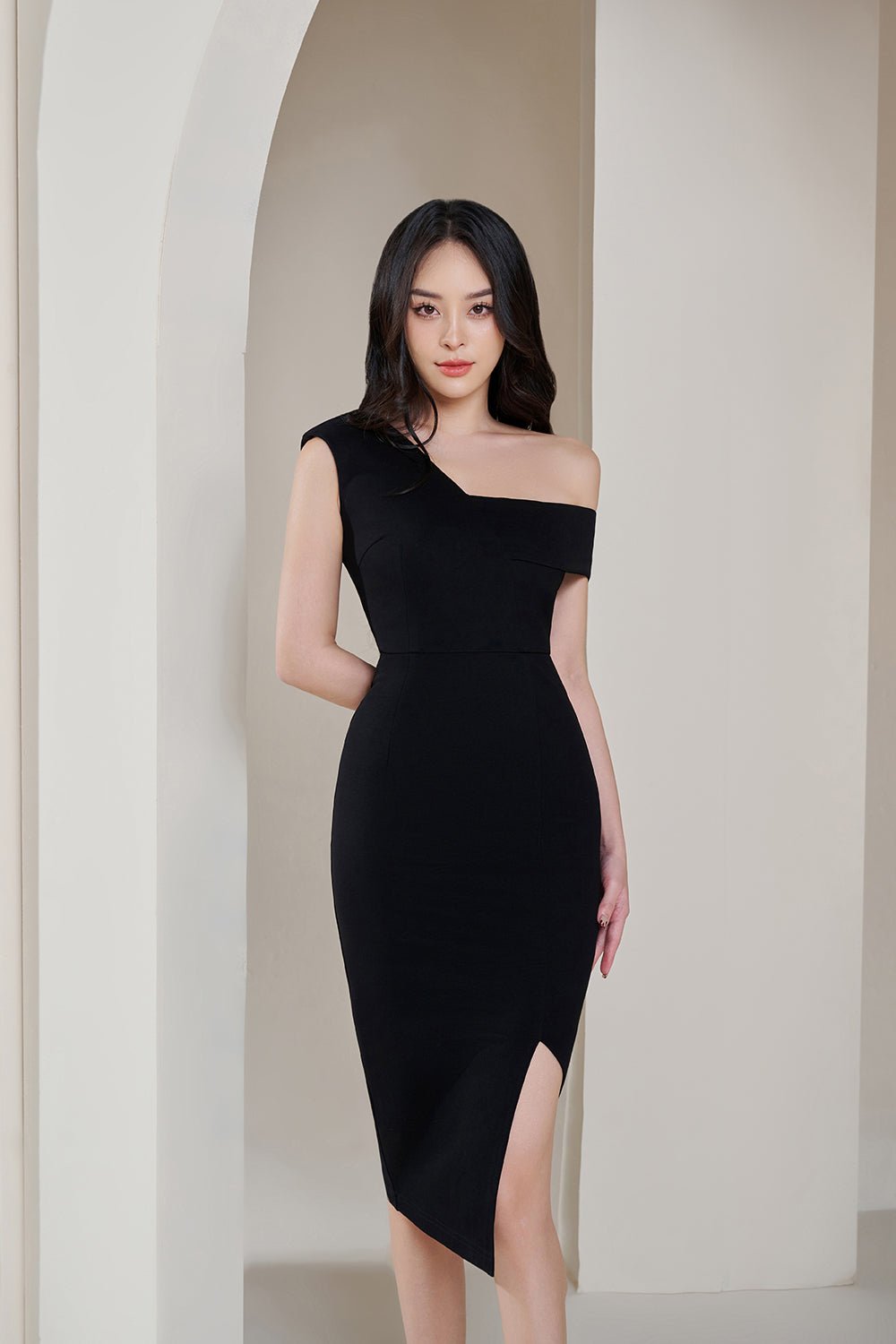 Marilyn On & Off the Shoulder Asymmetrical Dress in Classic Black