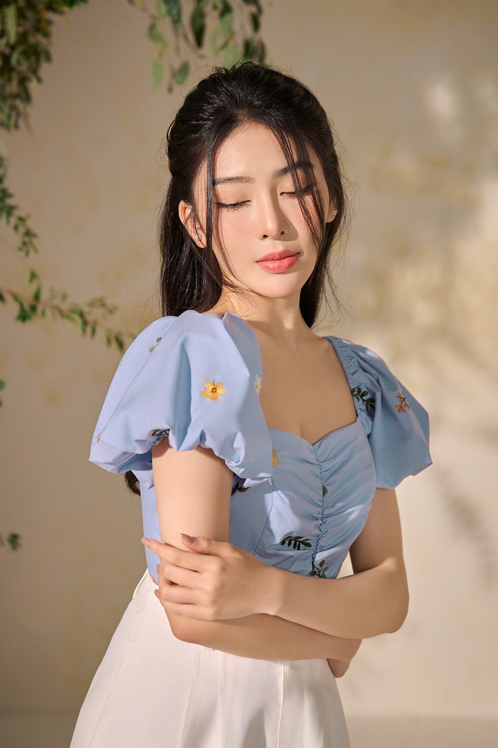 Renee Puffy Sleeved Embroidered Floral Top in Blue