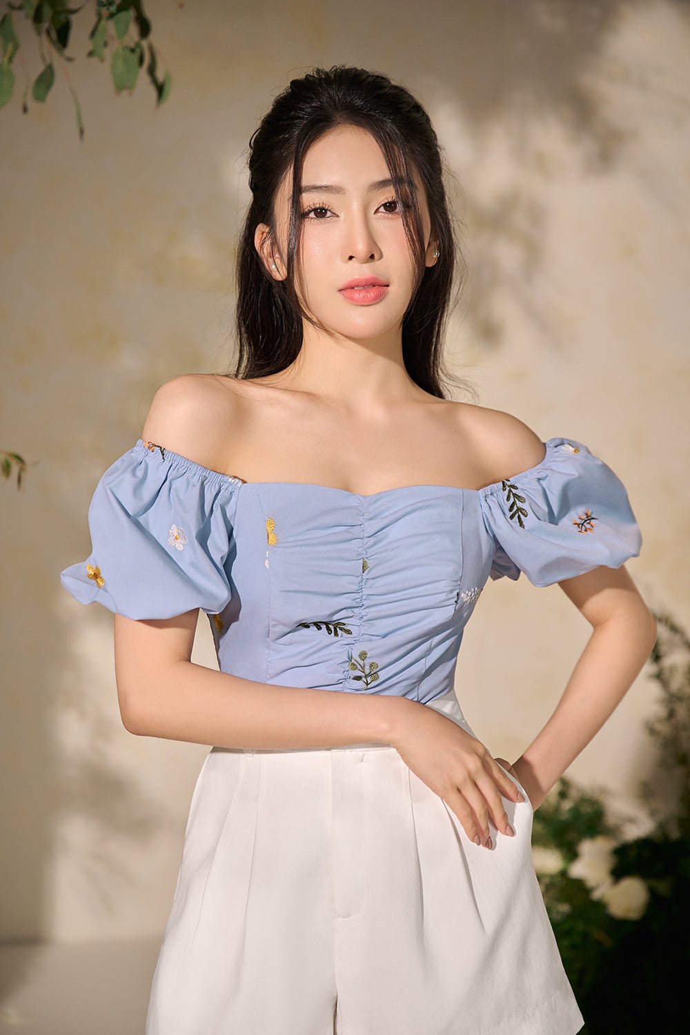 Renee Puffy Sleeved Embroidered Floral Top in Blue