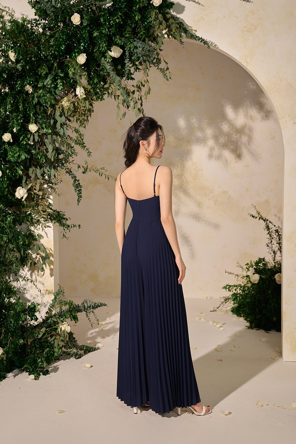 Sabine Sweetheart Pleated Jumpsuit in Navy Blue