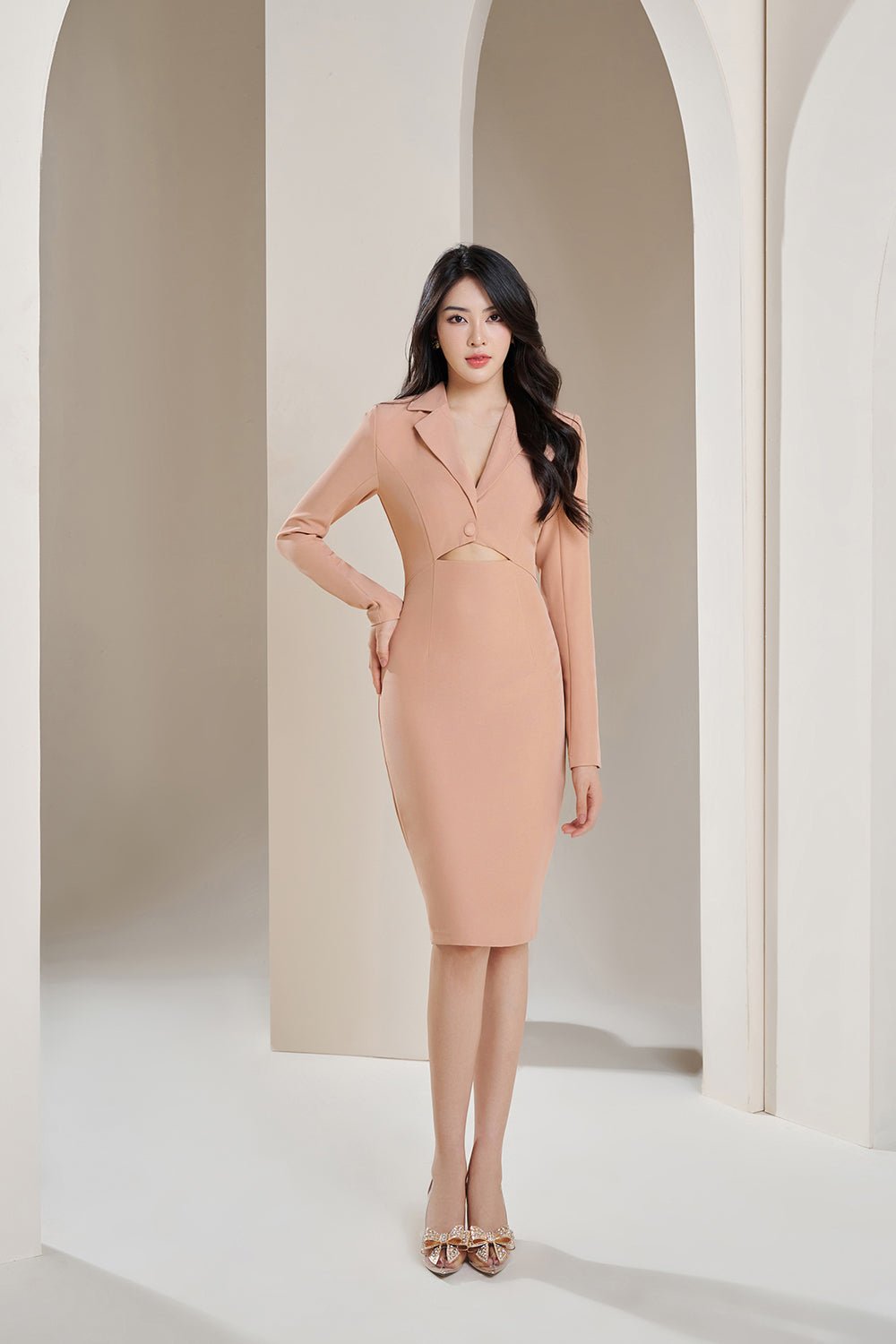 Sheri Lapel Neck Blazer Fitted Dress in Dusty Nude Pink