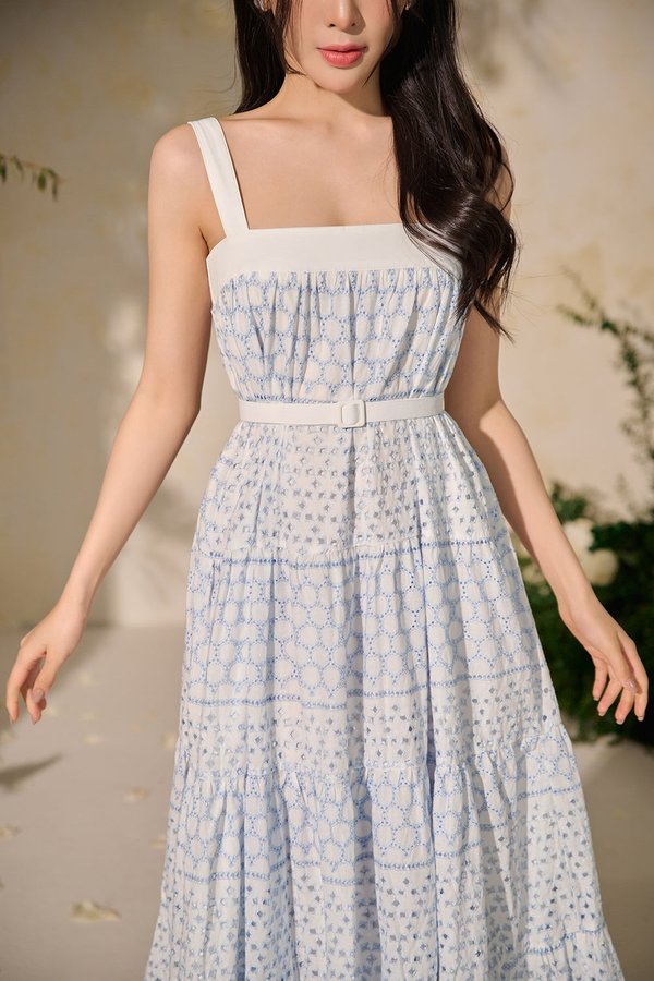 Amelie 3-Way Maxi Dress in White & Blue Broderie Anglaise