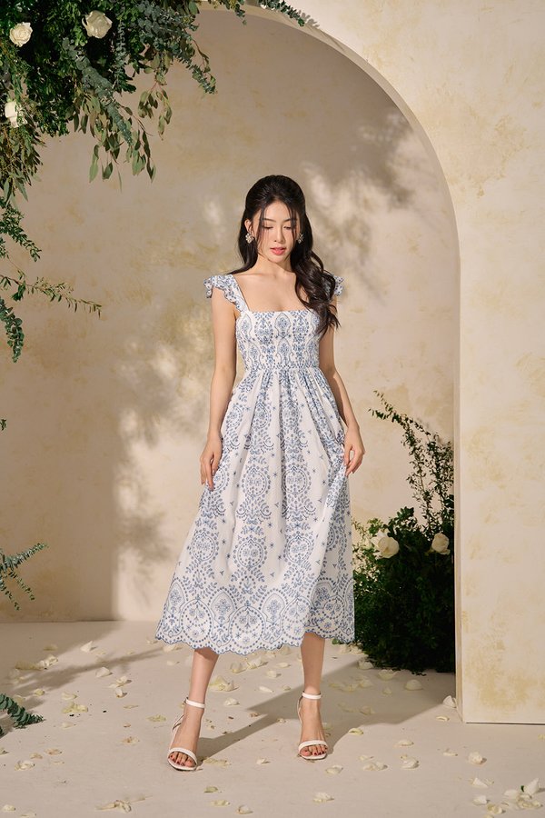 Camille Flutter Sleeves Embroidery Anglaise Dress in White/Blue