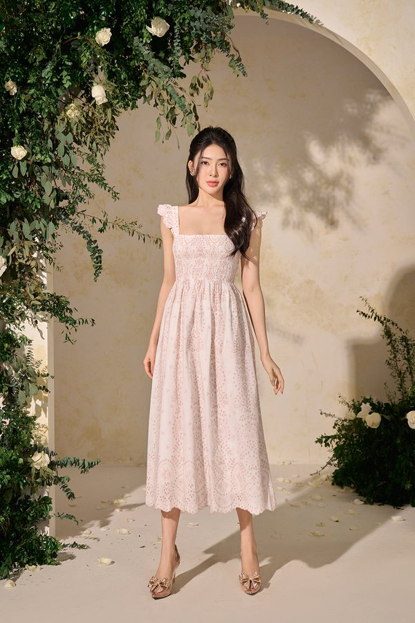 Camille Flutter Sleeves Embroidery Anglaise Dress in White/Pink