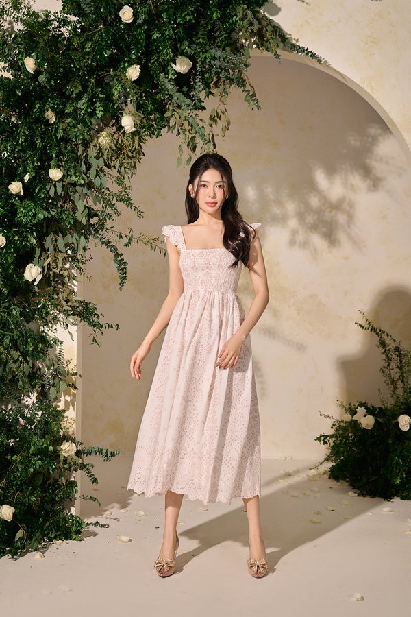 Camille Flutter Sleeves Embroidery Anglaise Dress in White/Pink
