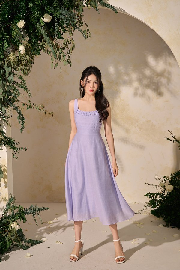 Elena Ruched Pleated Fit & Flare Midi Dress in Soft Violet