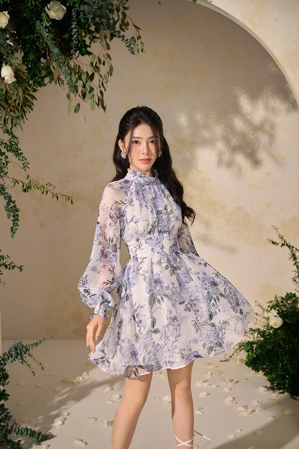 Gisele Billowy Sleeves Mini Dress in Violet Floral