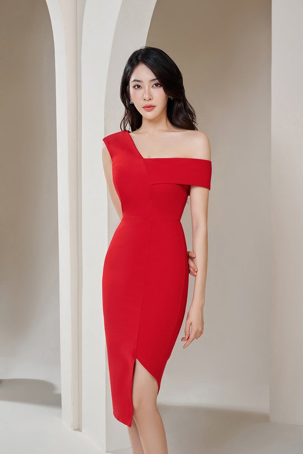 Marilyn On & Off the Shoulder Asymmetrical Dress in Chilli Red