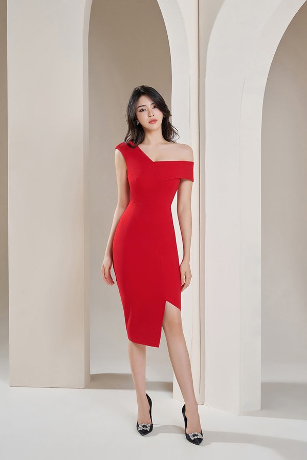 Marilyn On & Off the Shoulder Asymmetrical Dress in Chilli Red
