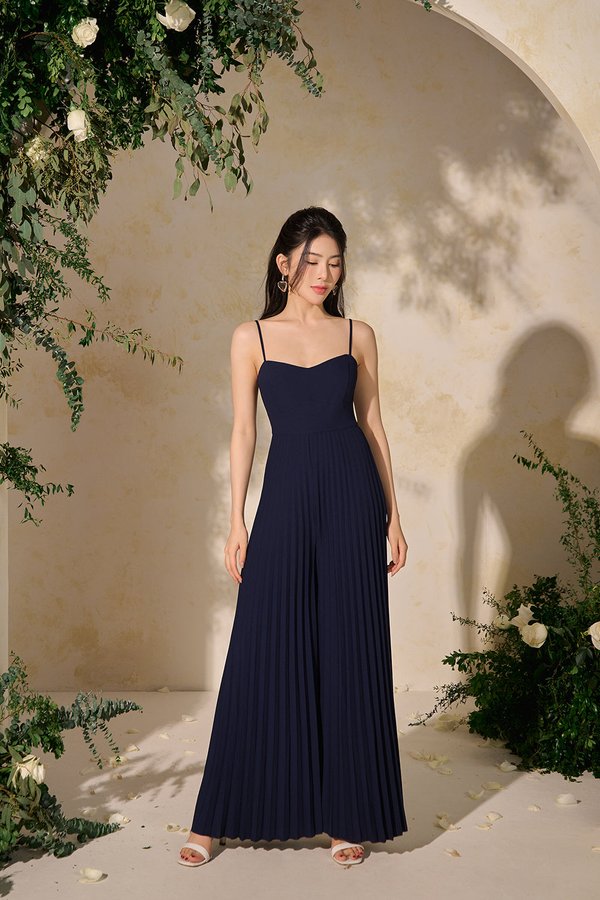Sabine Sweetheart Pleated Jumpsuit in Navy Blue